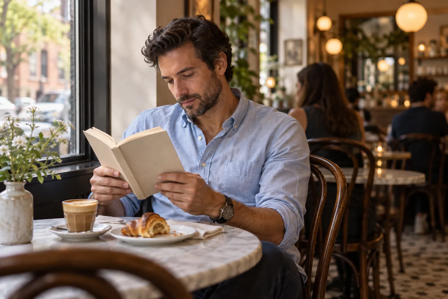Hombre con camisa Oxford azul leyendo un libro en un café con mesas de mármol