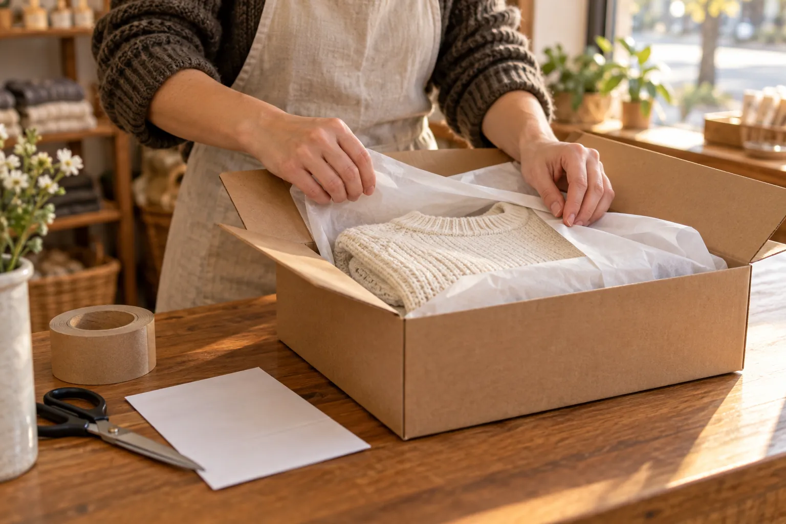 Manos envolviendo un jersey crudo en papel de seda dentro de una caja de cartón