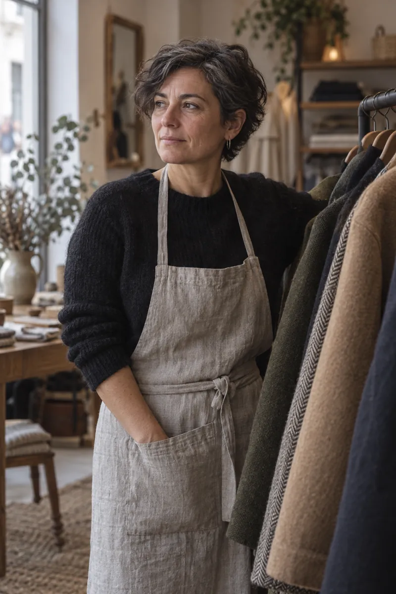 Laura Ferrer, fundadora de Aprop, junto a un burro de abrigos en la tienda
