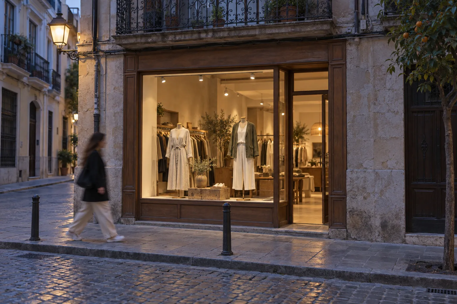 Escaparate de la tienda Aprop iluminado al anochecer en una calle de València