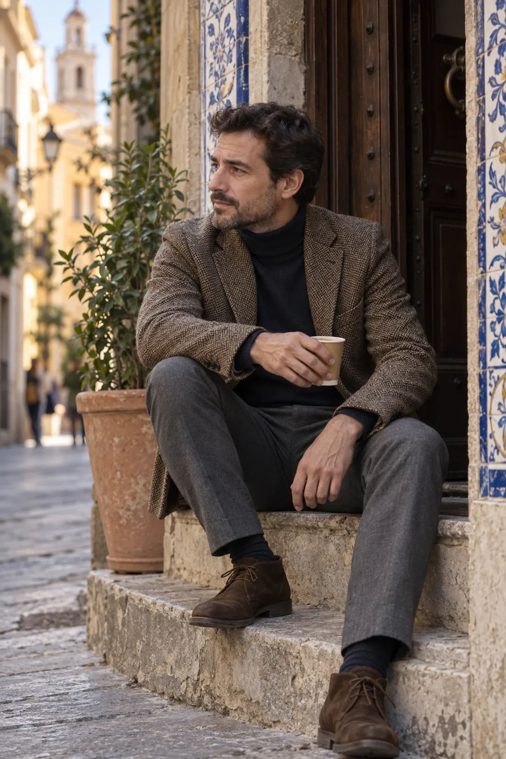 Hombre con americana de tweed y jersey de cuello alto sentado en el portal de azulejos de un edificio antiguo