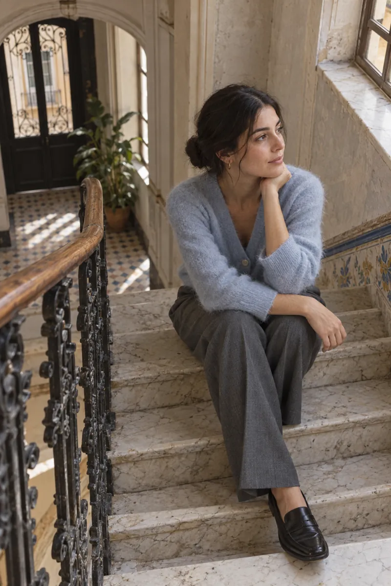 Mujer con cárdigan de mohair azul sentada en la escalera de mármol de una finca antigua