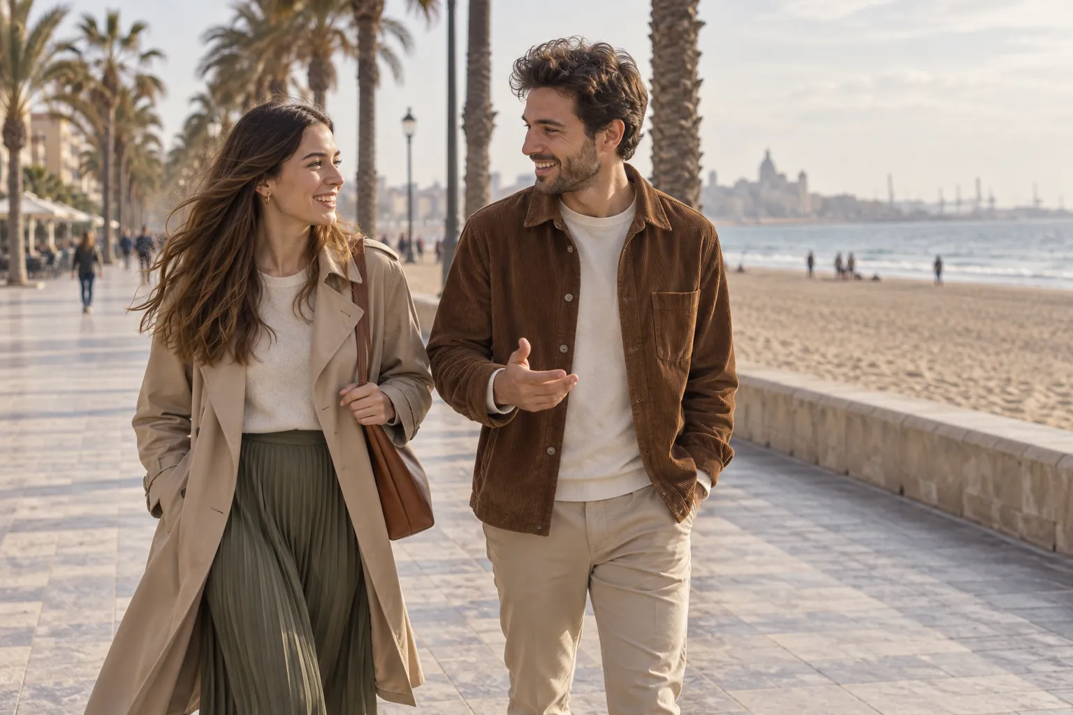 Pareja paseando por el paseo marítimo de la Malvarrosa con gabardina, falda plisada y sobrecamisa de pana