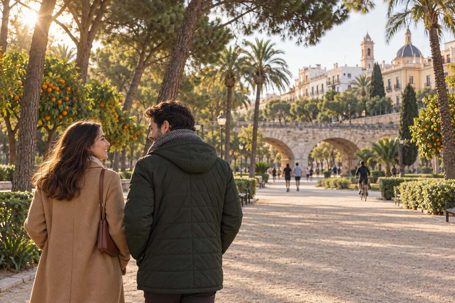 Pareja paseando por el jardín del Turia con abrigo camel y parka verde