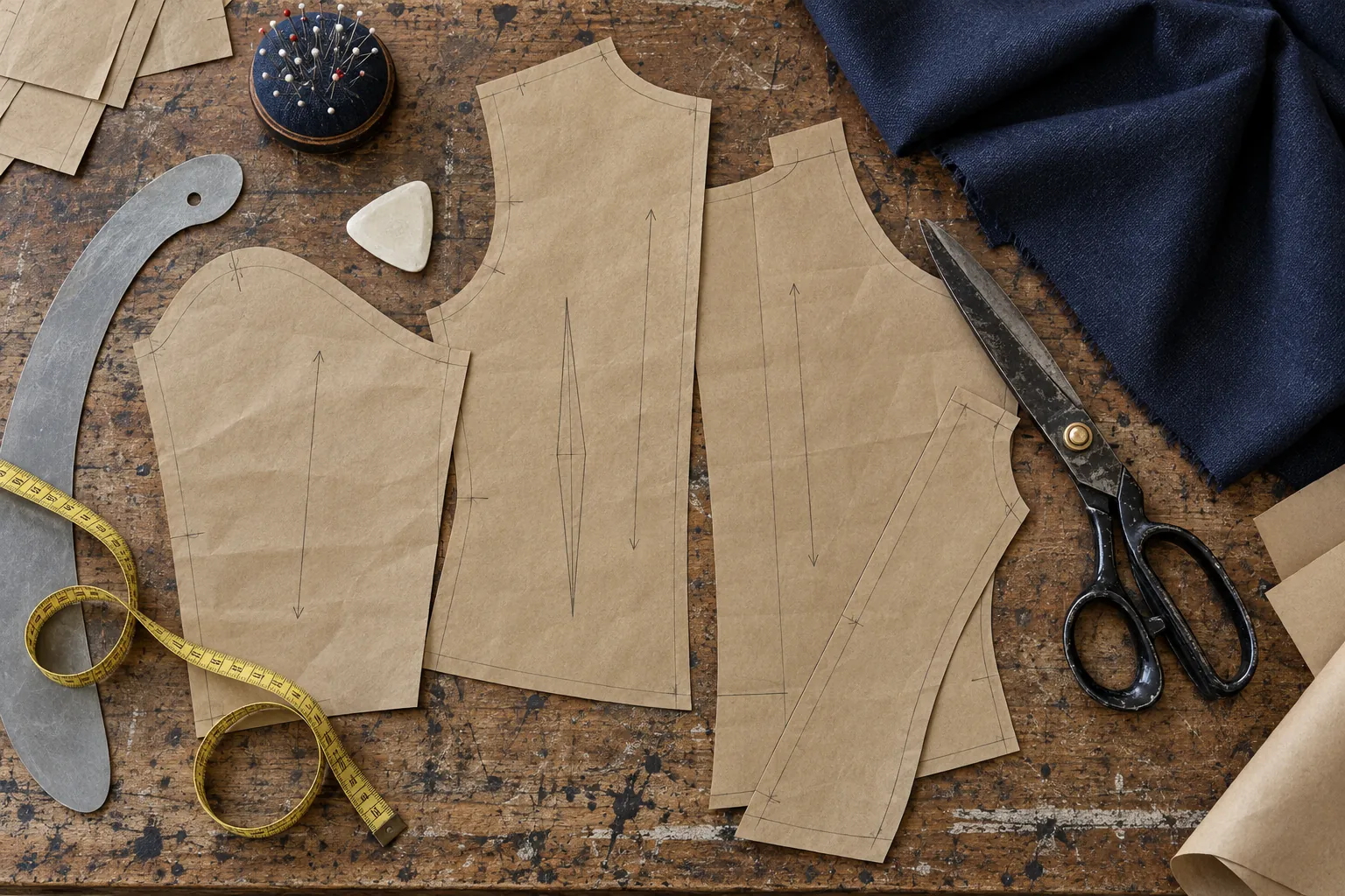Patrones de papel kraft, tijeras de sastre, cinta métrica y tiza sobre la mesa de corte
