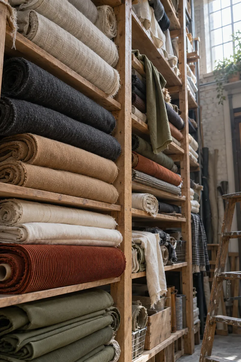 Estanterías de madera con rollos de lino, lana, pana y sarga
