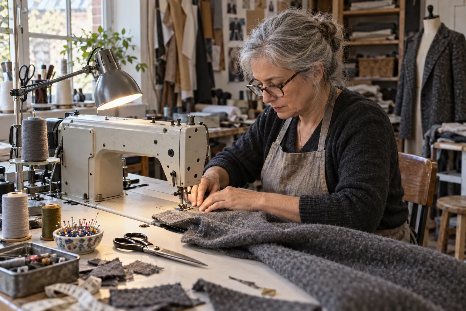 Costurera con gafas cosiendo una pieza de lana gris en una máquina industrial