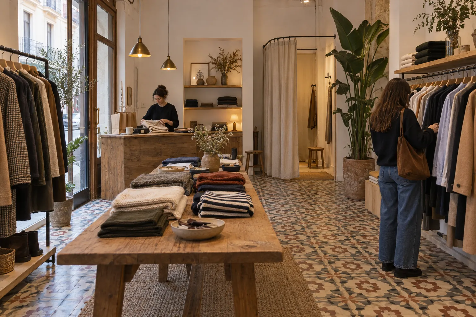 Interior de la tienda Aprop con suelo hidráulico, mesa de roble con punto doblado y burros de ropa