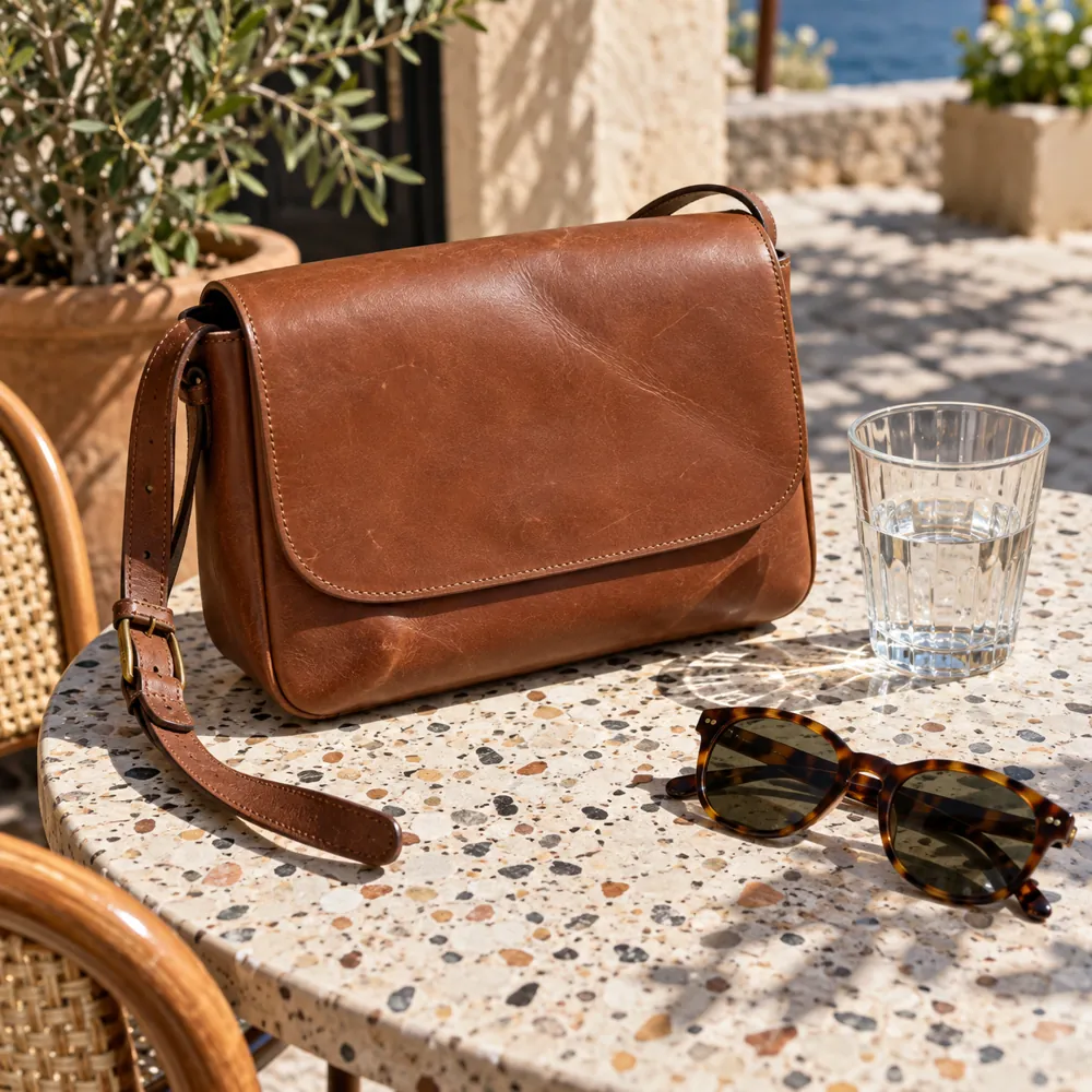 Bolso de piel coñac sobre una mesa de terrazo