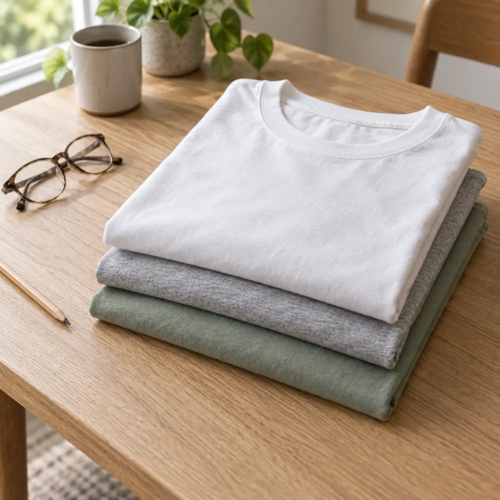 Tres camisetas de algodón dobladas sobre una mesa